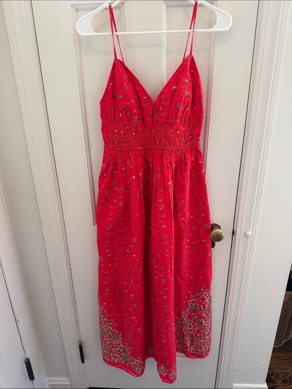 J. Crew Red Floral Smocked-Detail Maxi Dress